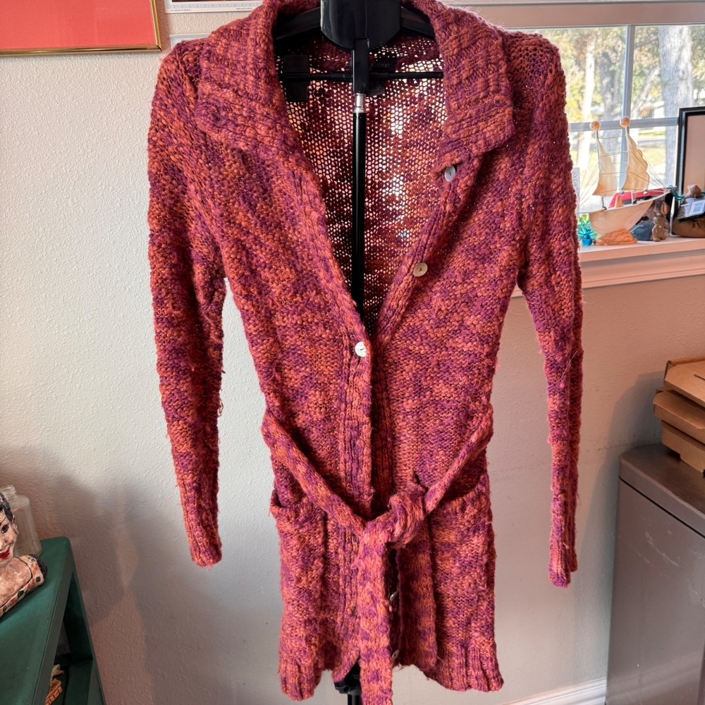 Mezcalina Womens XS Marled Chunky Knit Longline Belted Cardigan Sweater Orange